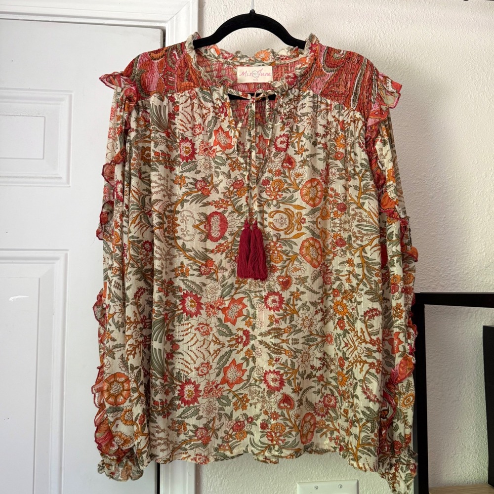 MISS JUNE PARIS cream red puff peasant gauze sheer floral ruffle blouse top